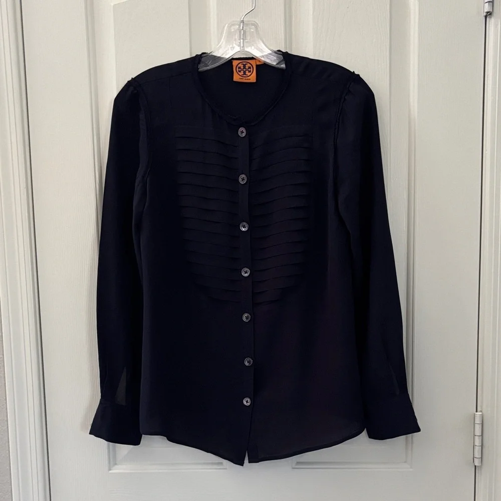 Tory Burch 100% Silk Dark Blue Button Up Blouse Shirt Top